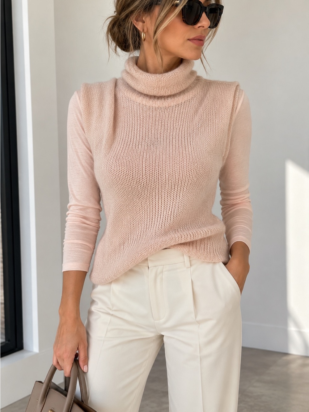 DKNY Light Pink Angora Hair Sweater Vest Layered Look Size S Soft Knit